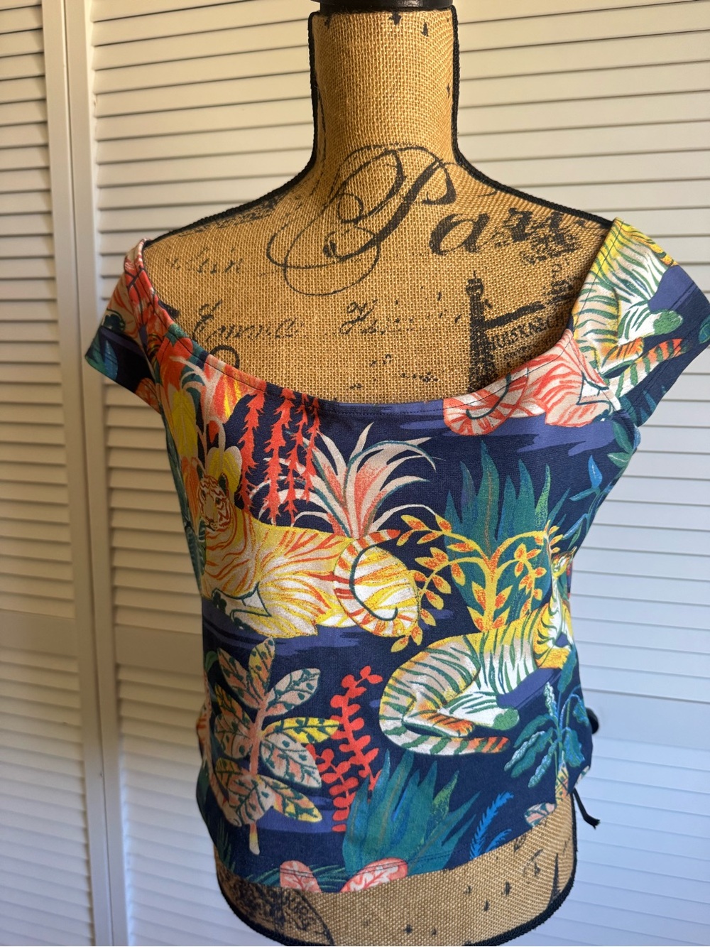Anthropologie Navy Tropical Off-Shoulder Top with Yellow, Green & Coral Print
